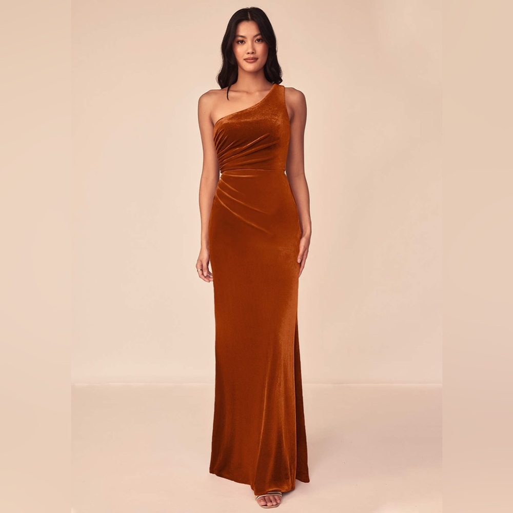 Azazie Velvet Burnt Orange Bridesmaid Gown